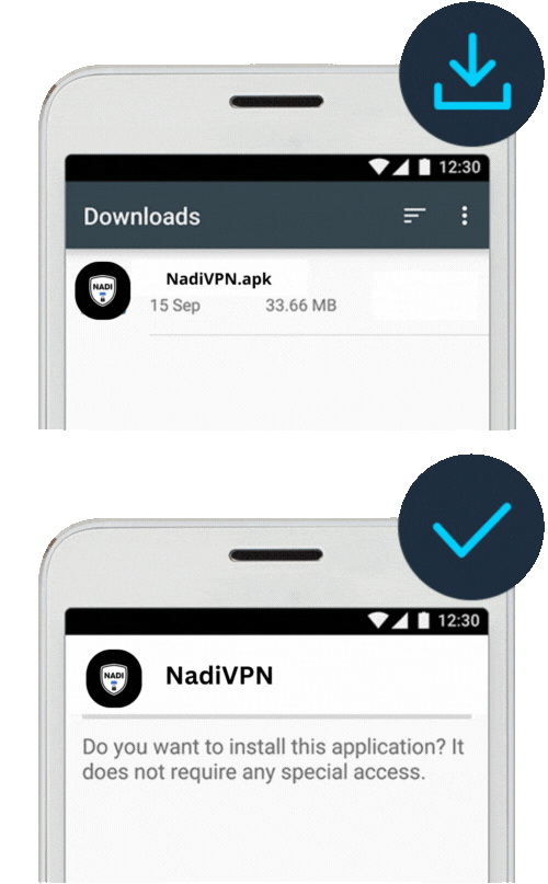 Animation showing how to download and install NadiVPN APK from a browser